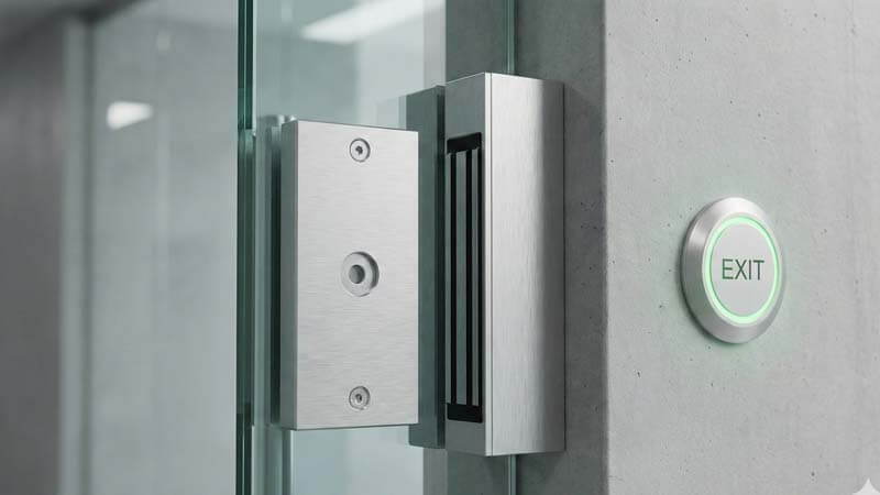 Электромагнитный замок и сенсорная кнопка выхода на стеклянной двери