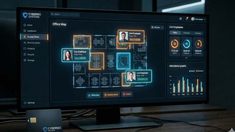 Интерфейс программы учета рабочего времени сотрудников с картой офиса