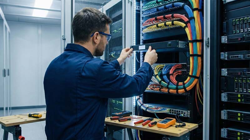 Инженер производит монтаж серверного оборудования и структурированной кабельной системы