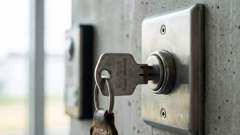 Контактный электронный ключ iButton в настенном считывателе