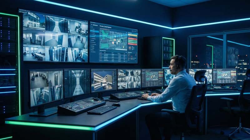 Оператор в диспетчерской за мониторами системы видеонаблюдения и СКУД